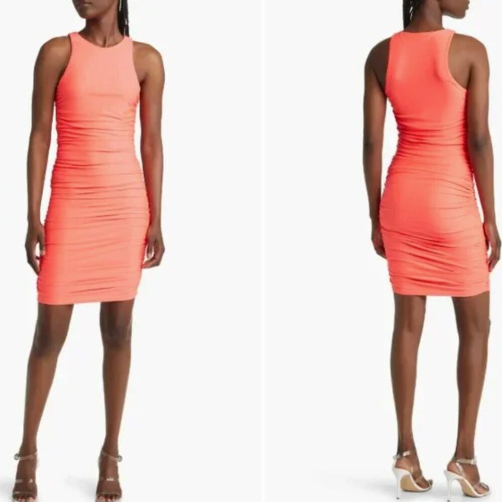 Good American Body-Con Minidress Satin Stretch Fiery Neon Coral SZ 2X NWT